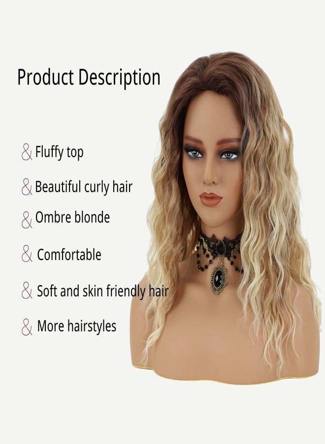 Fencca Ombre Blonde Curly Wigs for Women Medium Length Synthetic Wig Afro Wave Curly Free Part Fluffy Wig 18 inch Curly Wavy Hair Replacement Wig - Image 3